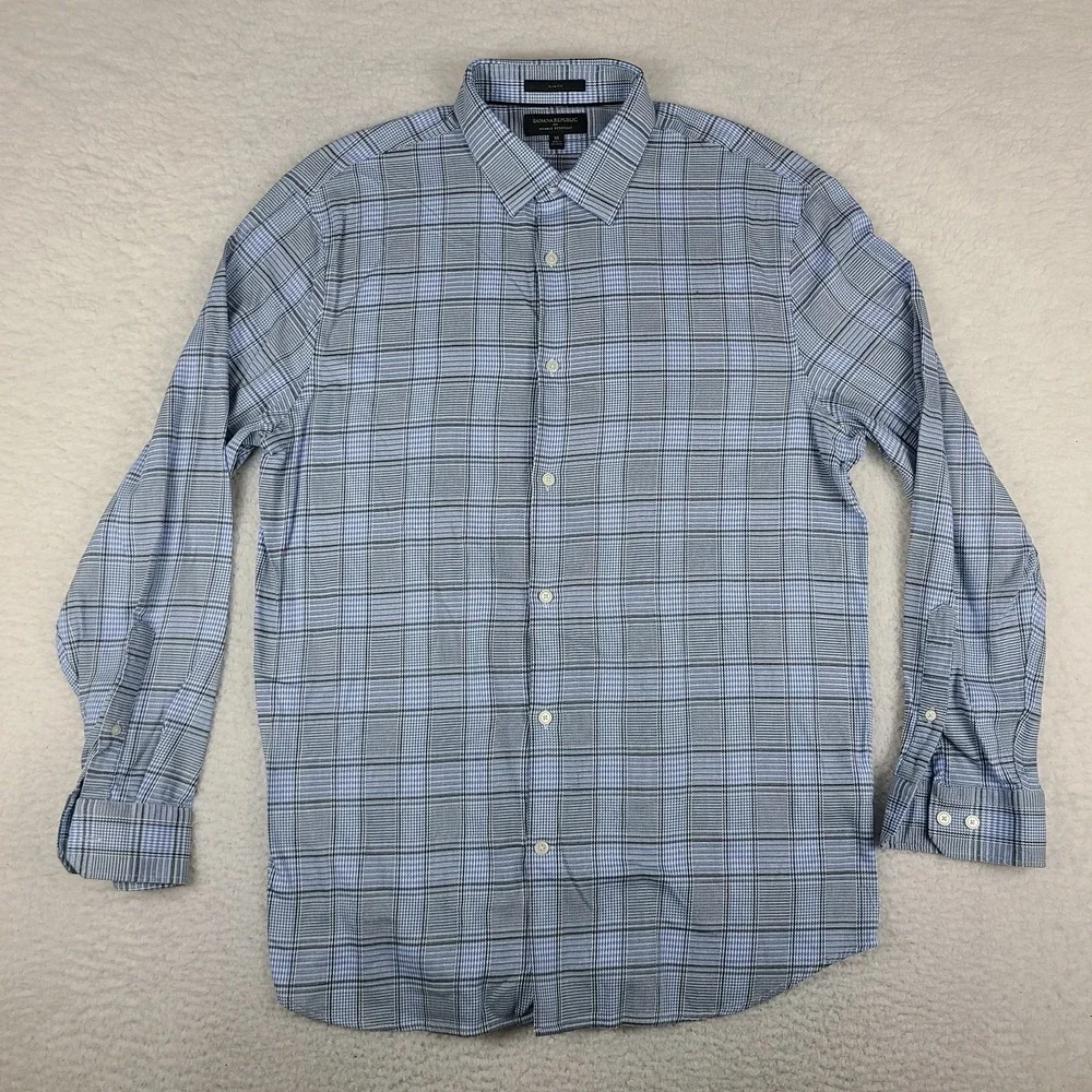 Banana‎ Republic Shirt Mens XL Blue Plaid Slim Fit Wrinkle Resistant Button Up
